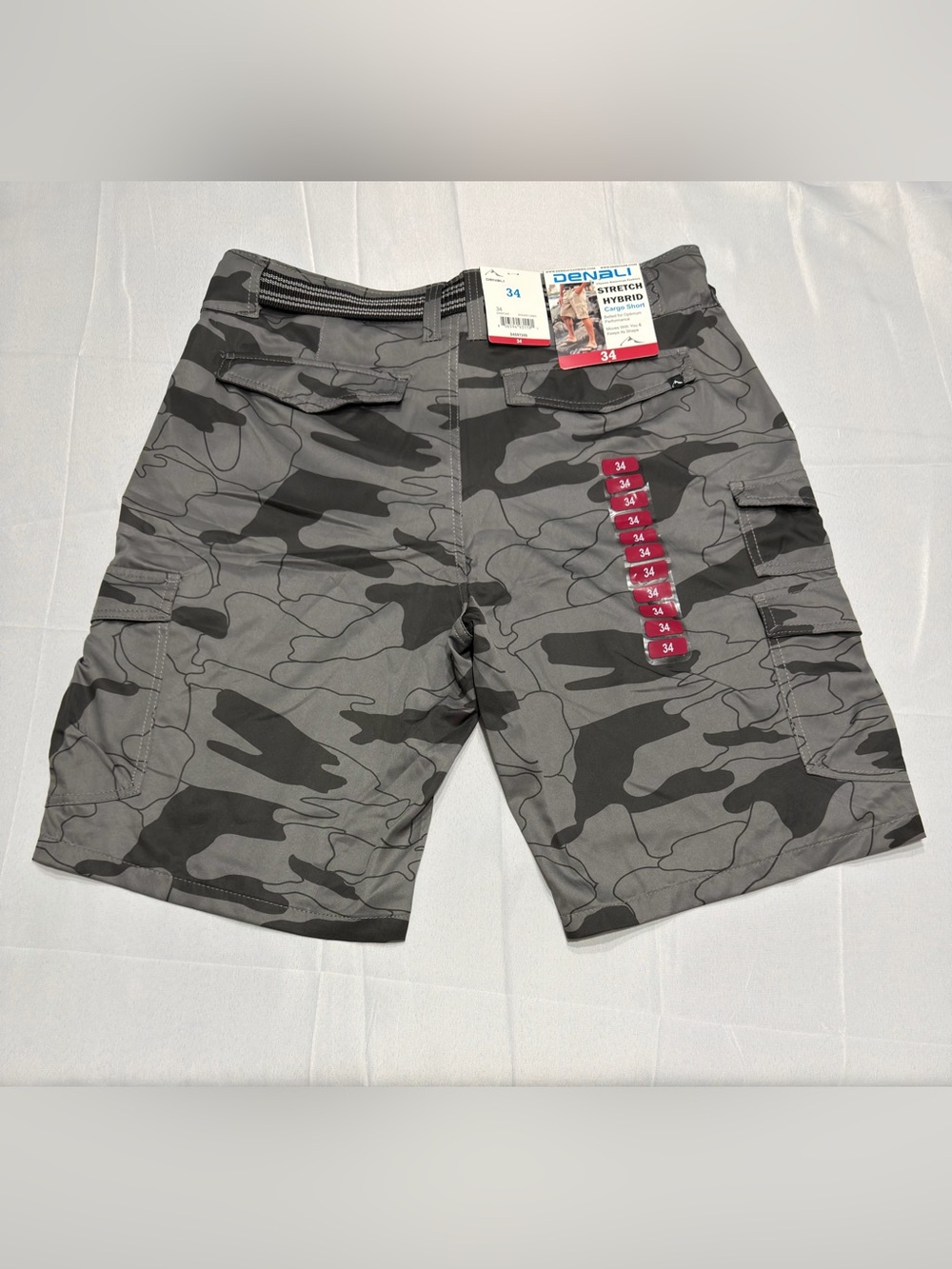Denali Men’s 34 Stretch Cargo Shorts Gray Jigsaw Camo Belted NWT Hiking